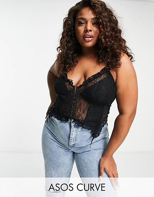ASOS DESIGN Curve lace corset top with garter detail in black