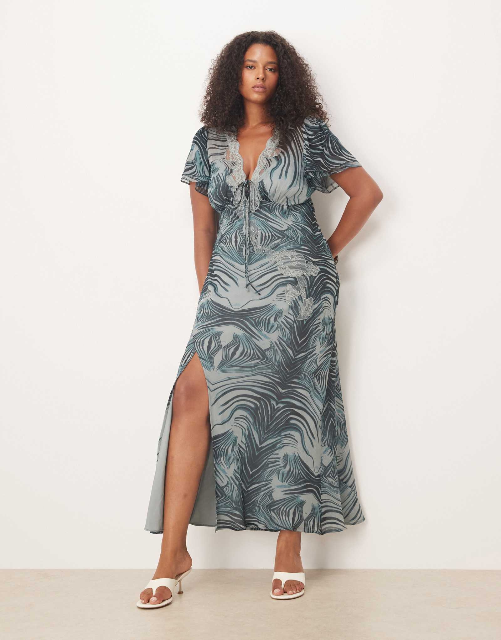 ДИЗАЙНЕРСКОЕ миди-платье ASOS с кружевной отделкой и развевающимися рукавами и завязкой спереди с серым принтом 