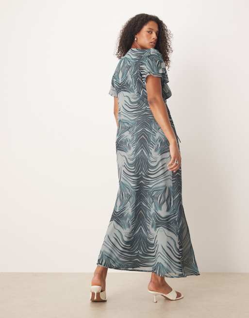 ASOS DESIGN Curve lace detail flutter sleeve tie front midi dress in grey zebra print, 3 of 4