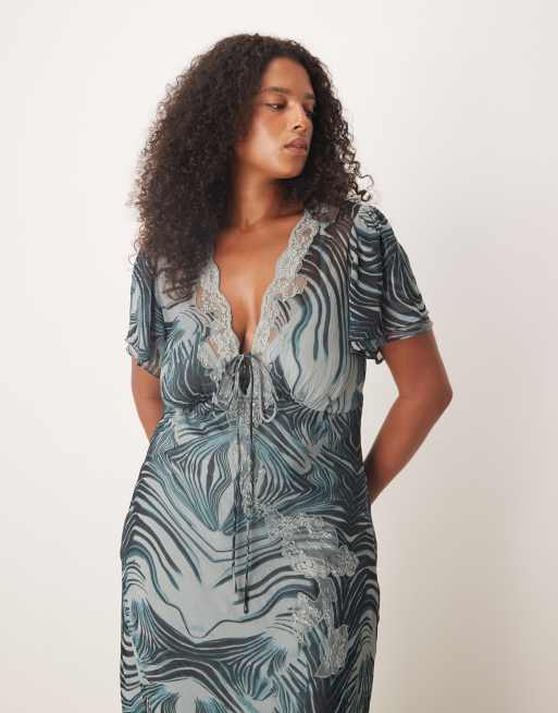 ASOS DESIGN Curve lace detail flutter sleeve tie front midi dress in grey zebra print, 4 of 4