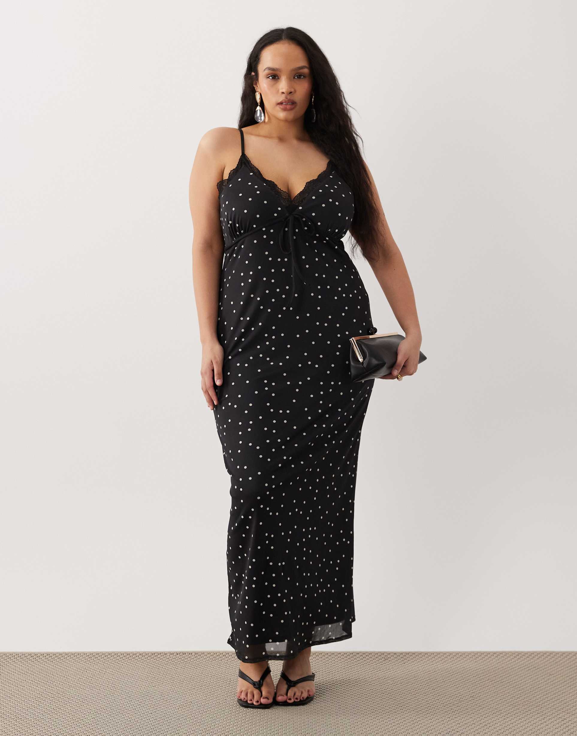 asos design curve lace detail polka dot mesh cami dress