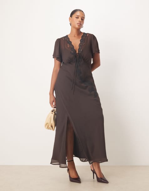 ASOS DESIGN Curve lace detail tie front midi dress in brown - view 1