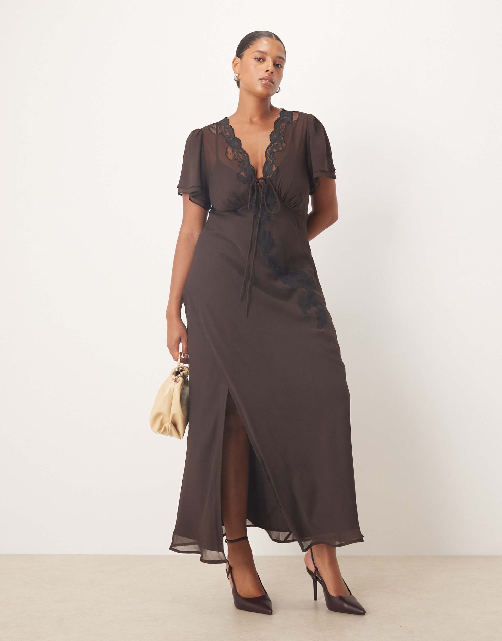 asos design curve lace detail tie front midi dress in brown