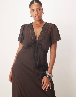 Asos Curve Asos Design Curve Lace Detail Tie Front Midi Dress In Brown
