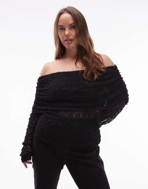 ASOS DESIGN Curve lace fold over off shoulder top in black - view 1