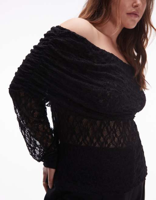 ASOS DESIGN Curve lace fold-over off-shoulder top in black, 4 of 4