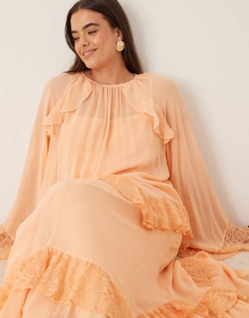 ASOS DESIGN Curve lace insert and ruffle detail maxi dress in orange