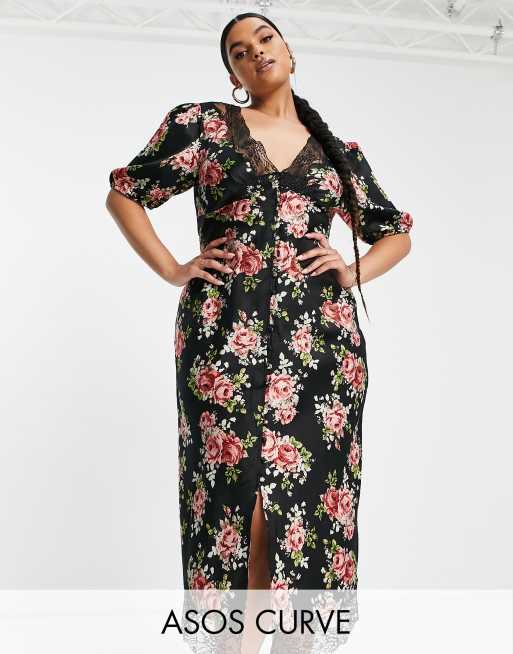 ASOS DESIGN Curve lace insert button through midi tea dress in black floral satin print