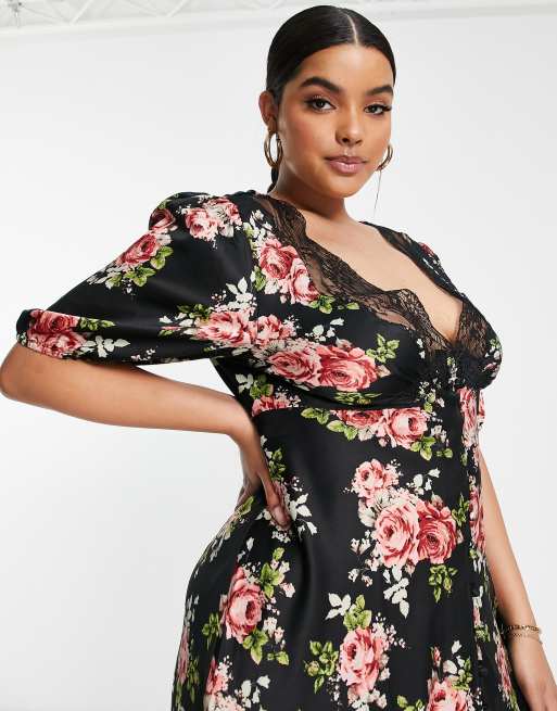 ASOS DESIGN Curve lace insert button through midi tea dress in black floral satin print