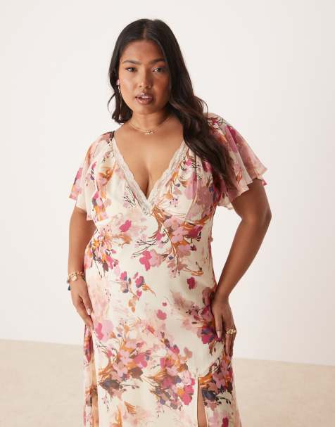 ASOS DESIGN Curve lace insert chiffon midi tea dress in floral print - view 1