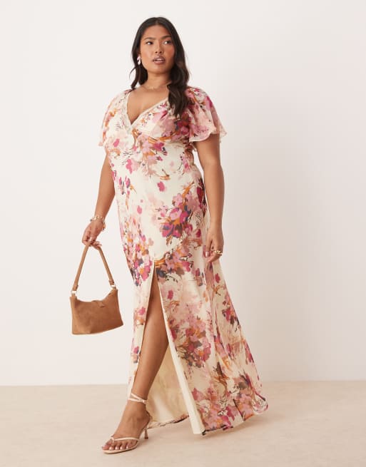 ASOS DESIGN Curve lace insert chiffon midi tea dress in floral print