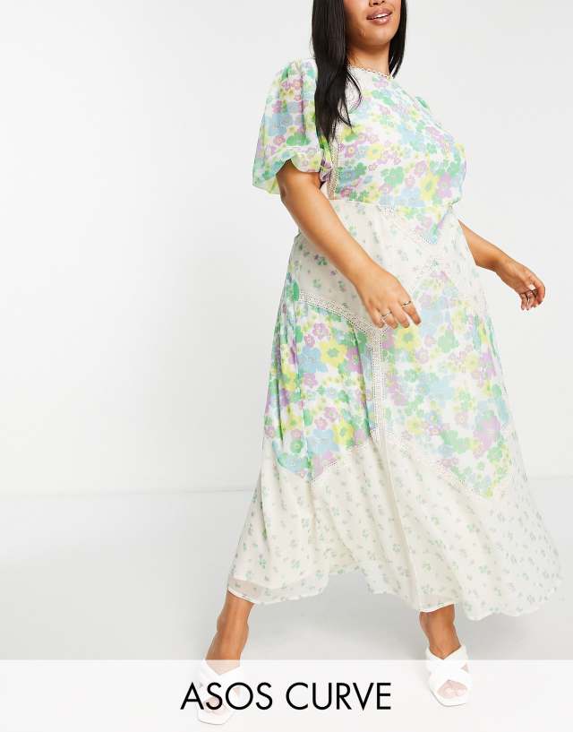 ASOS DESIGN Curve lace insert cutout tea maxi dress in mixed print