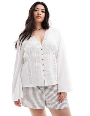 Asos Curve Asos Design Curve Lace Insert Long Sleeve Smock Top In White