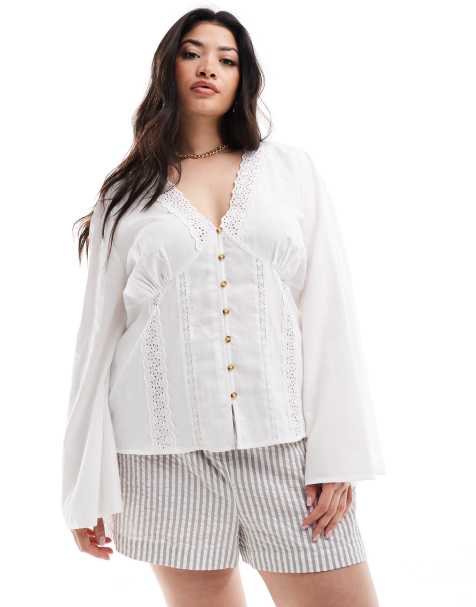 ASOS DESIGN Curve lace insert long sleeve smock top in white - view 1