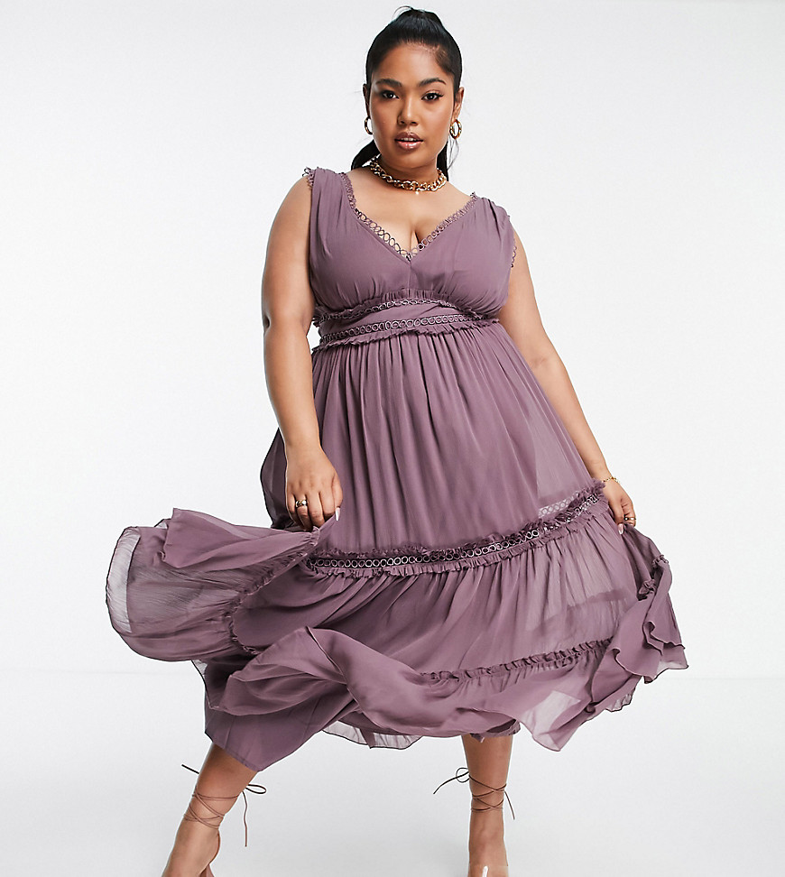 ASOS DESIGN Curve lace insert midi dress with ruffle detail in Dusty Mauve-Purple