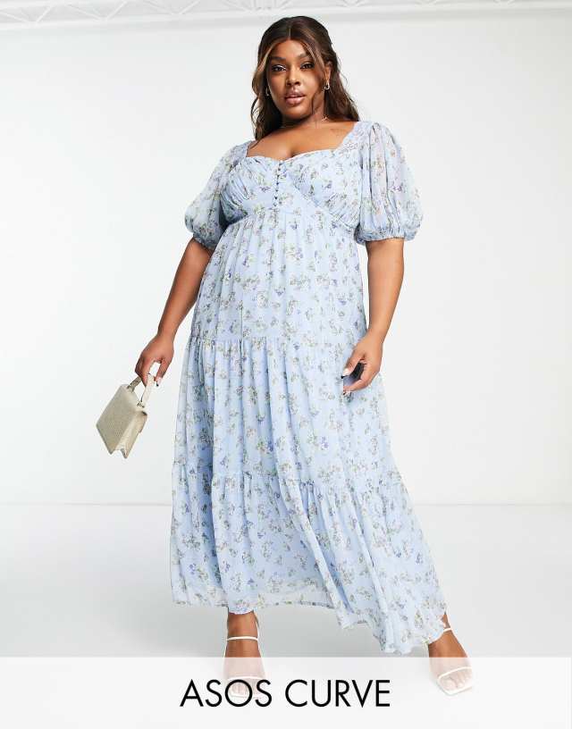 ASOS Curve - ASOS DESIGN Curve lace insert midi tea dress in blue ditsy floral