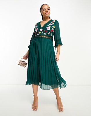 Asos Curve Asos Design Curve Lace Insert Pleated Midi Dress With Embroidery In Forest Green