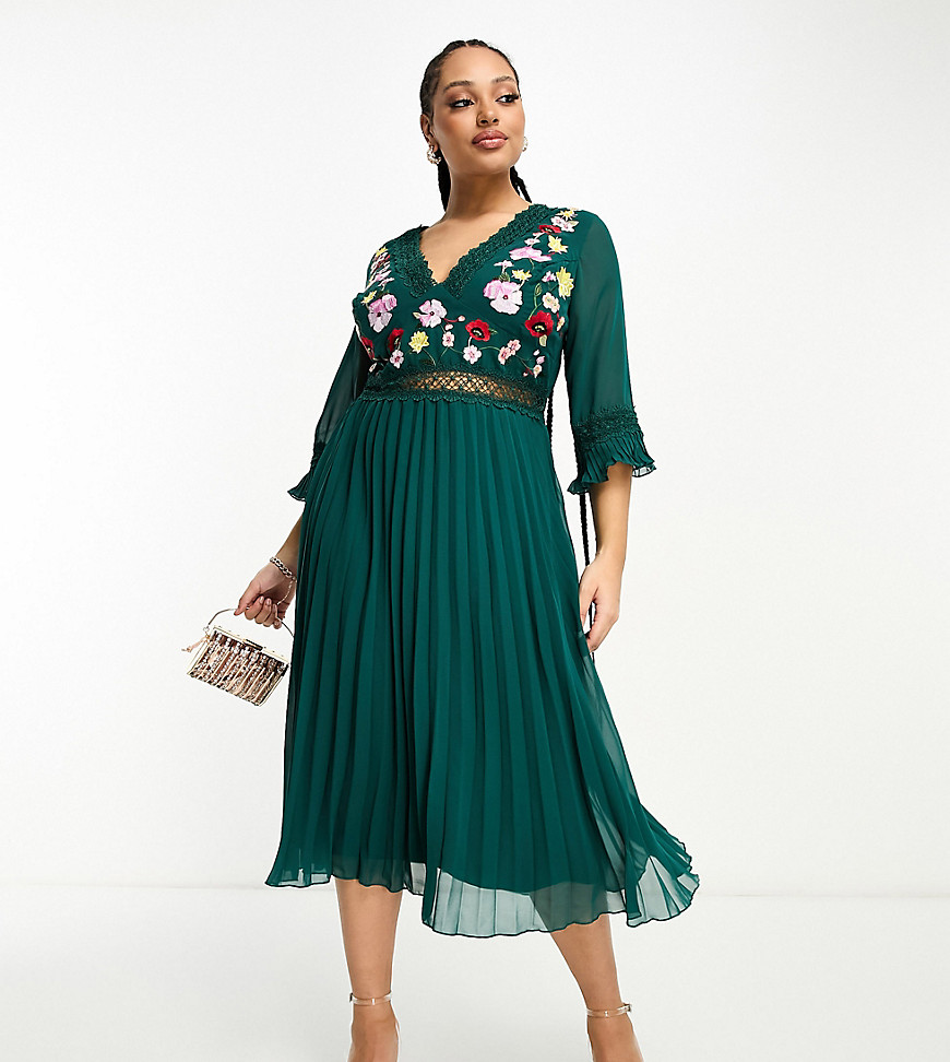 Asos Curve Asos Design Curve Lace Insert Pleated Midi Dress With Embroidery In Forest Green