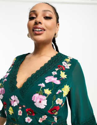 asos design embroidered pleated midi dress with fluted sleeve ASOS DESIGN Curve lace insert pleated midi dress with embroidery in forest  green