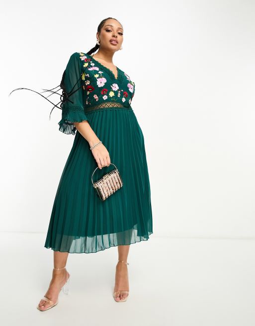 ASOS DESIGN Curve lace insert pleated midi dress with embroidery in forest  green