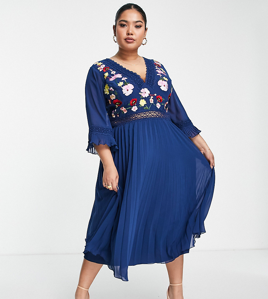 Product photo of Asos design curve lace insert pleated midi dress with embroidery in navy