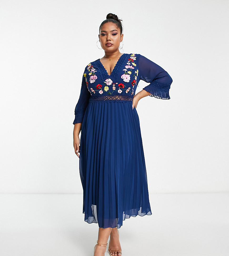 ASOS DESIGN Curve lace insert pleated midi dress with embroidery in navy