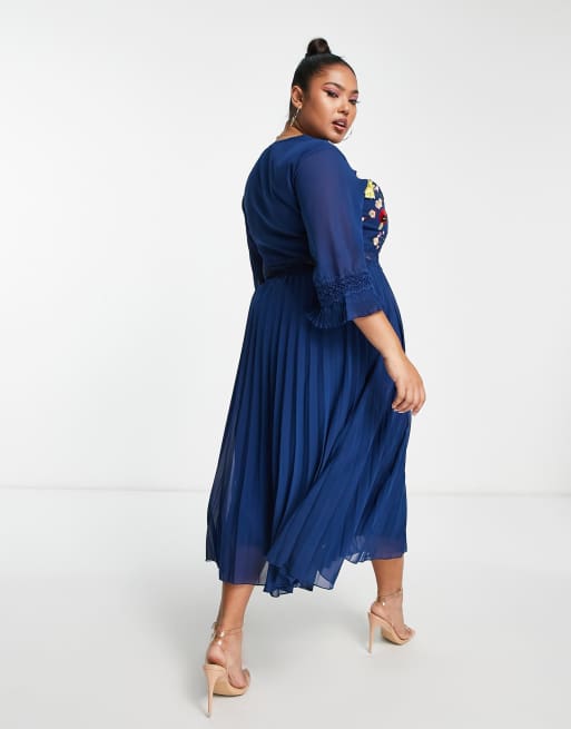 ASOS DESIGN Maternity embroidered pleated midi dress in blue