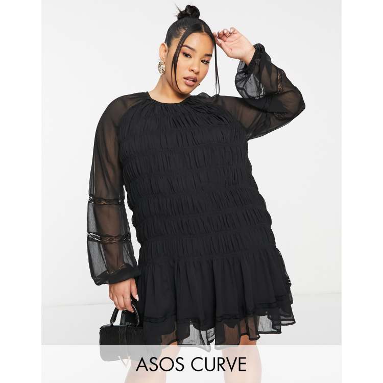 ASOS DESIGN Curve lace insert ruched mini smock dress in black