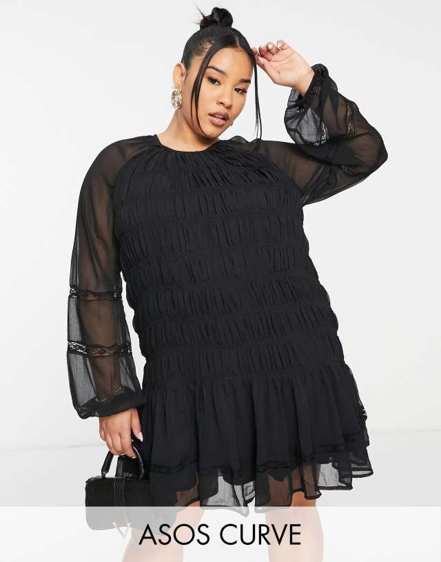 ASOS Curve - ASOS DESIGN Curve lace insert ruched mini smock dress in black