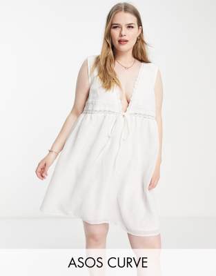 Asos Curve Asos Design Curve Lace Insert Sleeveless Embroidered Mini Sundress With Tie Detail In White