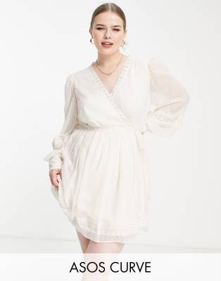 Asos Curve Asos Design Curve Lace Insert Wrap Mini Dress In Textured In Cream-white