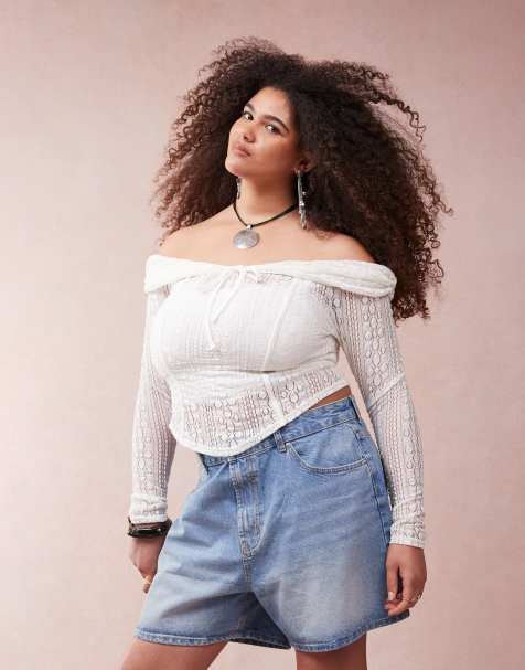 ASOS DESIGN Curve lace off the shoulder long sleeve top with tie detail