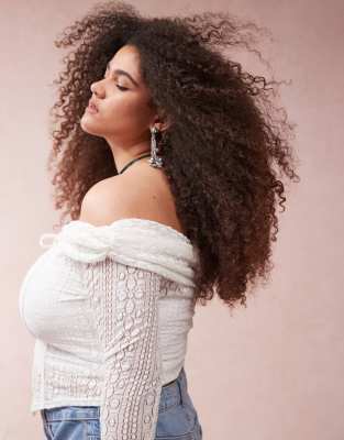 Asos Curve Asos Design Curve Lace Off-the-shoulder Long Sleeve Top With Tie Detail-white In White