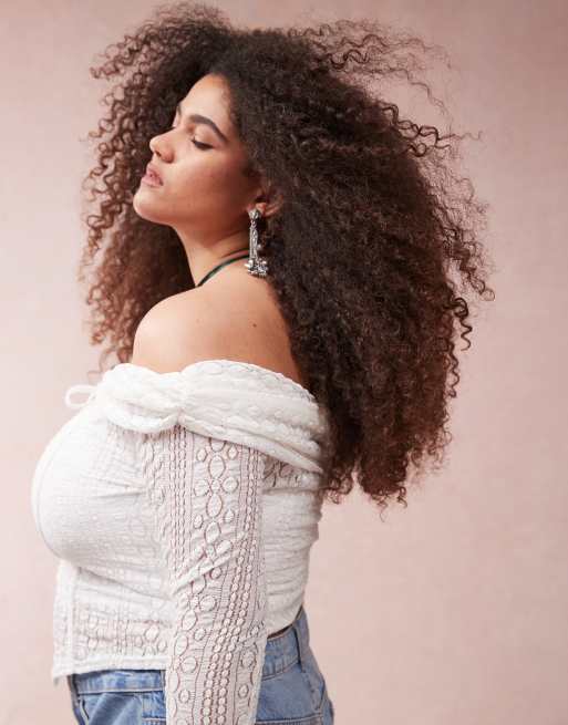 ASOS DESIGN Curve lace off-the-shoulder long sleeve top with tie detail, 2 of 4