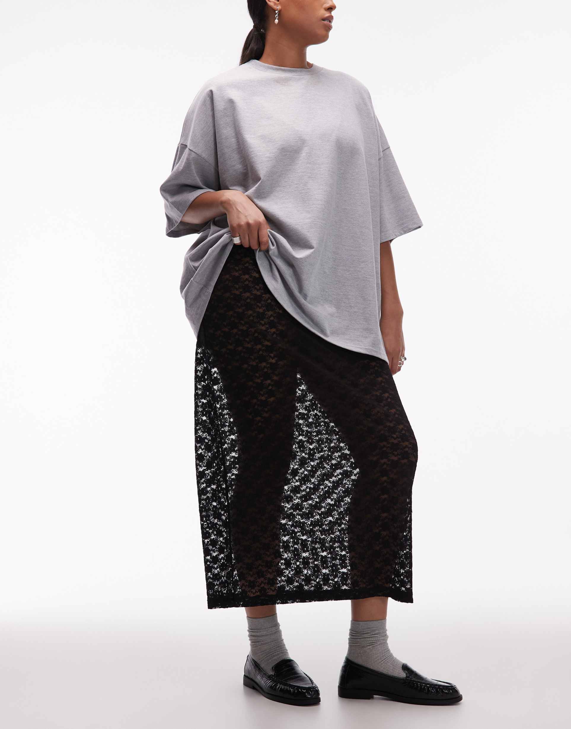 asos design curve lace sheer column maxi skirt in black