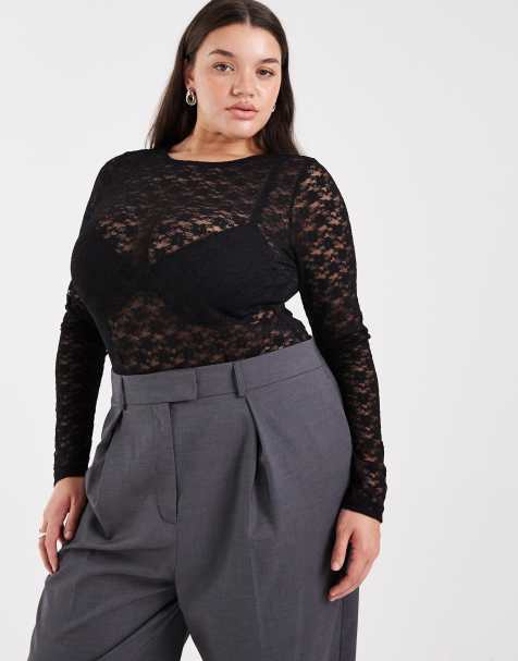 ASOS DESIGN Curve lace sheer long sleeve bodysuit in black - view 1
