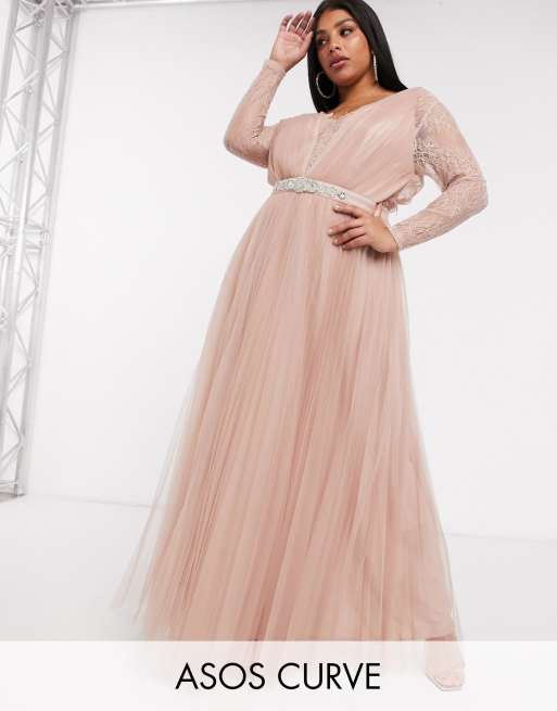 ASOS DESIGN Curve lace sleeve tulle maxi dress with embellished trim in dusty pink