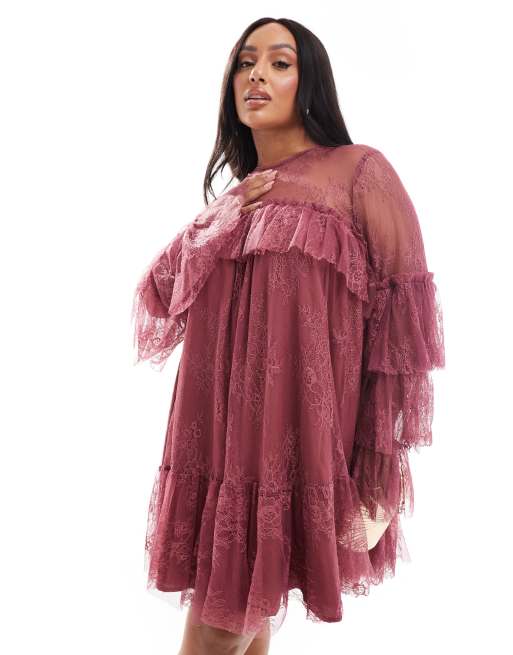 ASOS DESIGN Curve lace smock mini dress with frill sleeve in berry