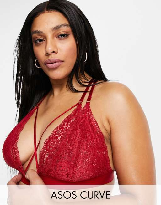 ASOS DESIGN Curve lace strapping soft bra & thong in deep red, 2 of 3