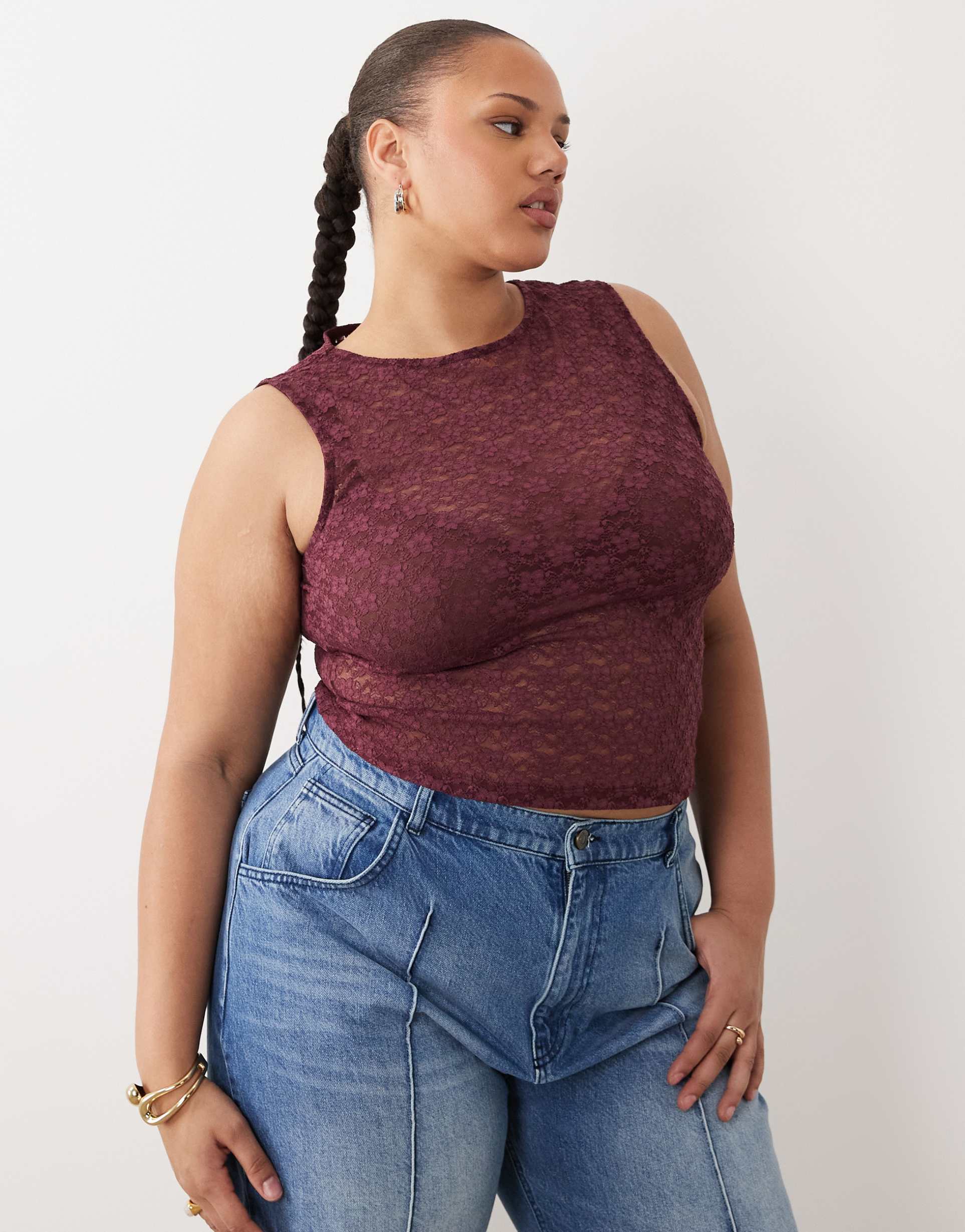 asos design curve lace tank top in grape