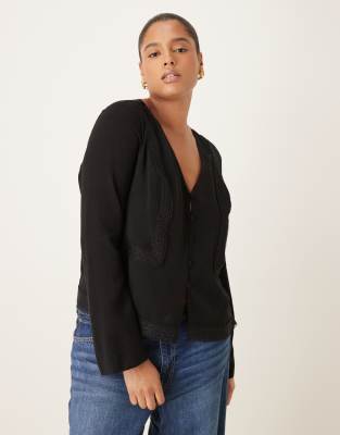 Asos Curve Asos Design Curve Lace Trim Long Sleeve Top In Black