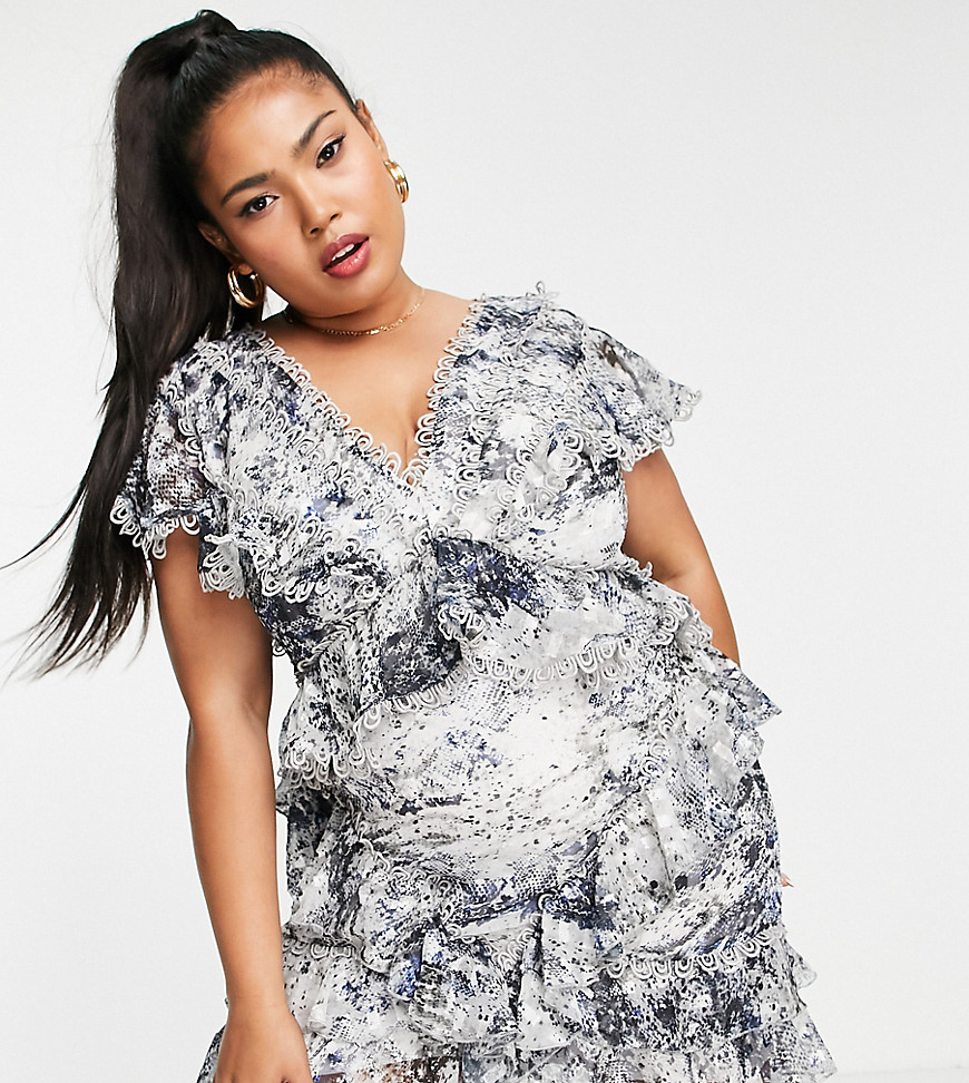 Asos Design Curve Lace Trim Mini Dress With Ruffle Detail In Blurred Floral-Multi