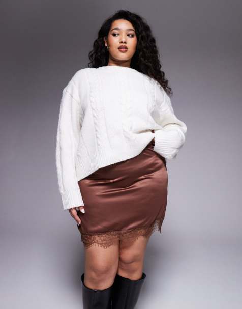 ASOS DESIGN Curve lace trim mini skirt in chocolate