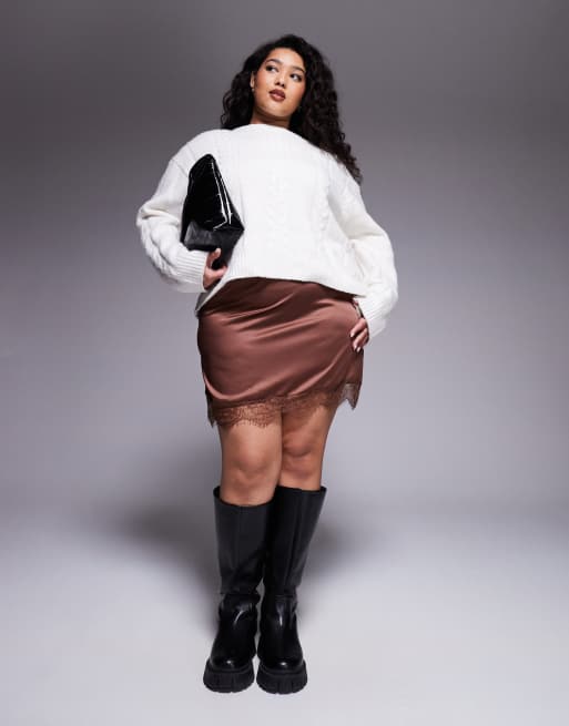 ASOS DESIGN Curve lace trim mini skirt in chocolate, 4 of 5