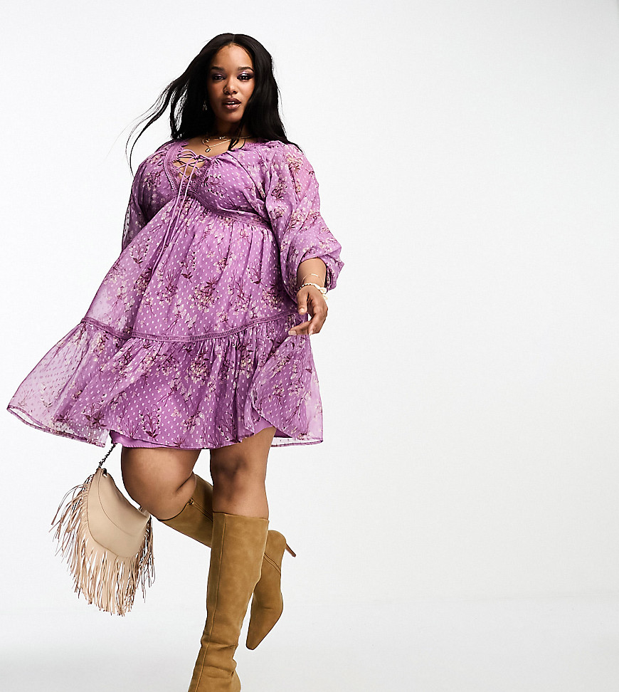 ASOS DESIGN Curve lace trim plunge batwing mini dress with pep hem in lilac floral dobby-Multi