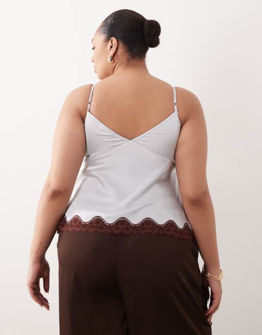 ASOS DESIGN Curve lace trim satin cami in blue and brown, 2 of 4