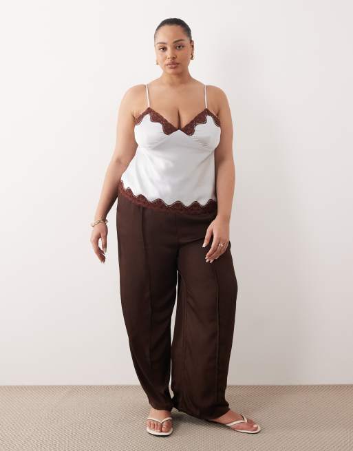 ASOS DESIGN Curve lace trim satin cami in blue and brown, 3 of 4