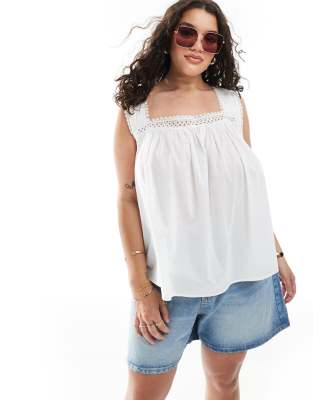 Asos Curve Asos Design Curve Lace Trim Square Neck Cami Top-white In White