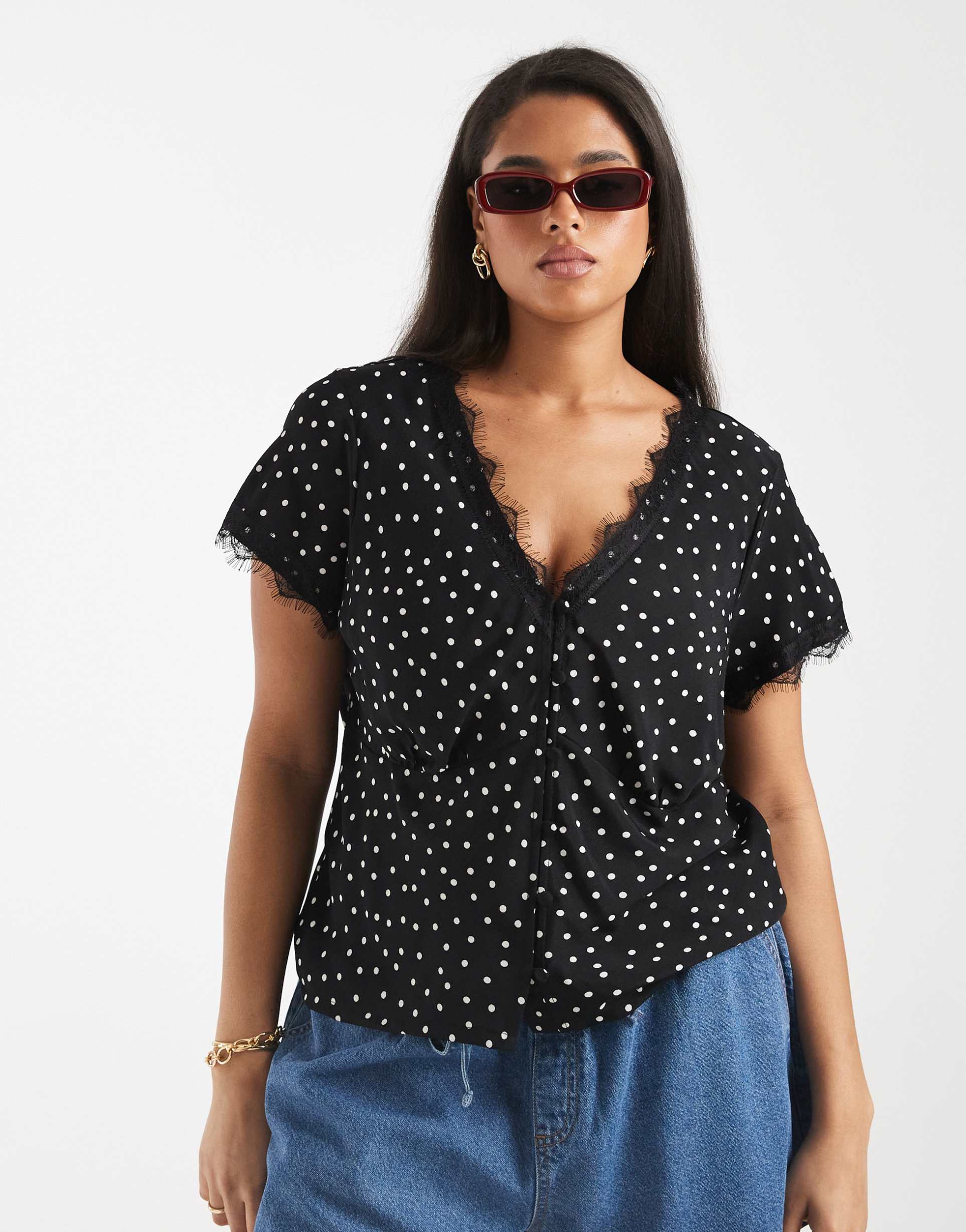 asos design curve lace trim tea blouse in black polka dot