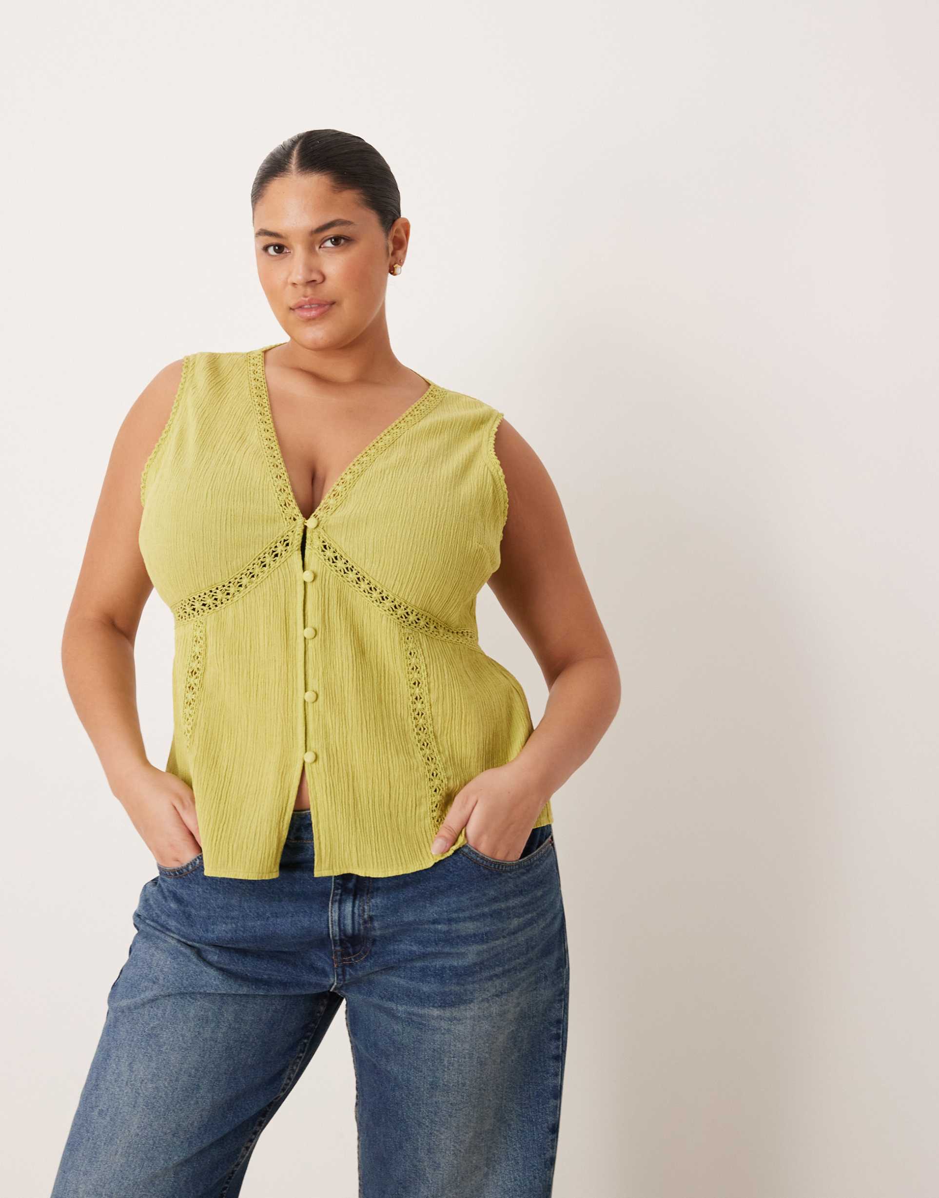 asos design curve lace trim vest in green